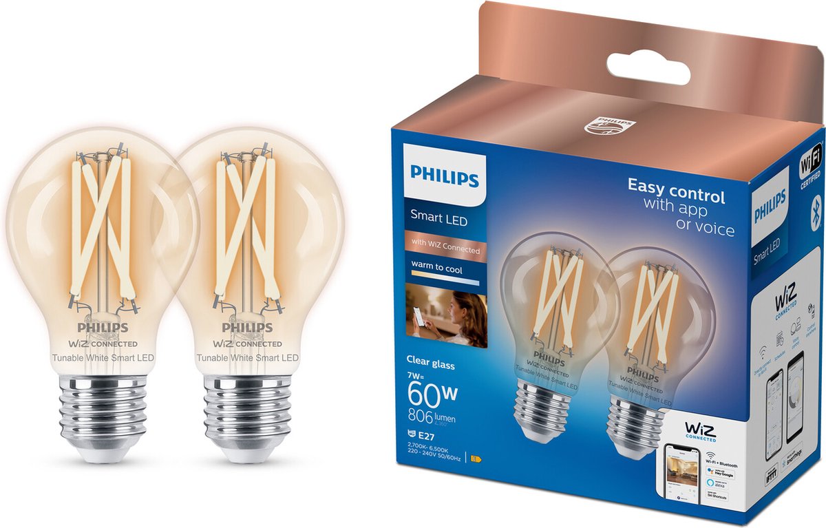 Philips smart lighting - lamp filament 2-pack - slimme led-verlichting - warm- tot koelwit licht - e27 - 60w - transparant - wi-fi