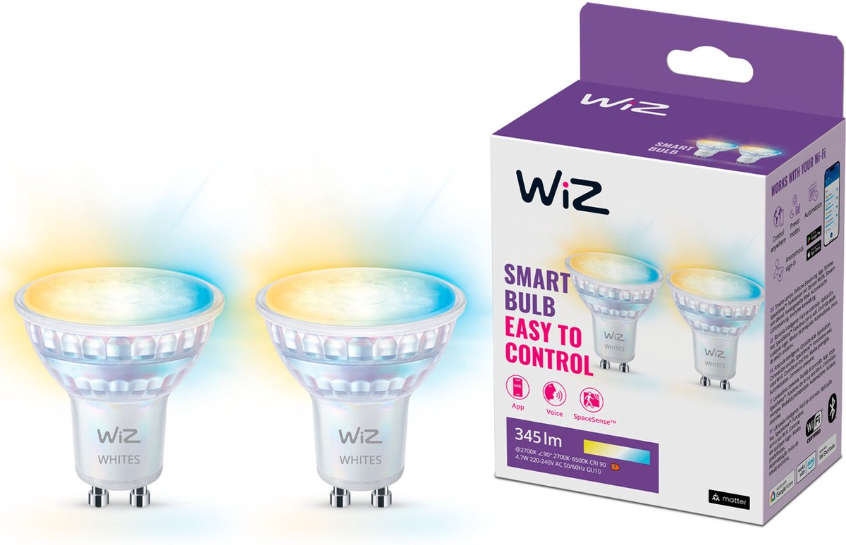 Wiz spot 2-pack - warm- tot koelwit licht - slimme led verlichting - gu10 fitting - 50w - glas - wi-fi