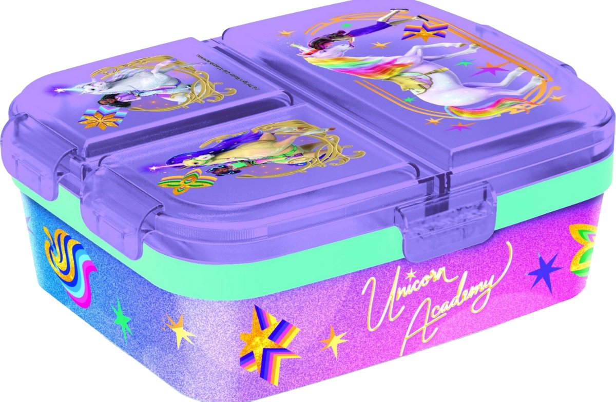 Stor Unicorn Academy Kinder-Lunchbox – Lunchbox mit 4 Fächern für Kinder ab 4 Jahren – spülmaschinenfest, BPA-frei – Lila