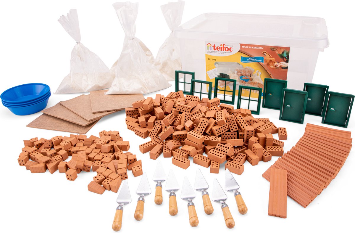 Teifoc ® bouwdoos – groepsset – 320 onderdelen – echte mini bakstenen met cement, kom en troffel – bouwpakket voor kinderen vanaf 6 jaar