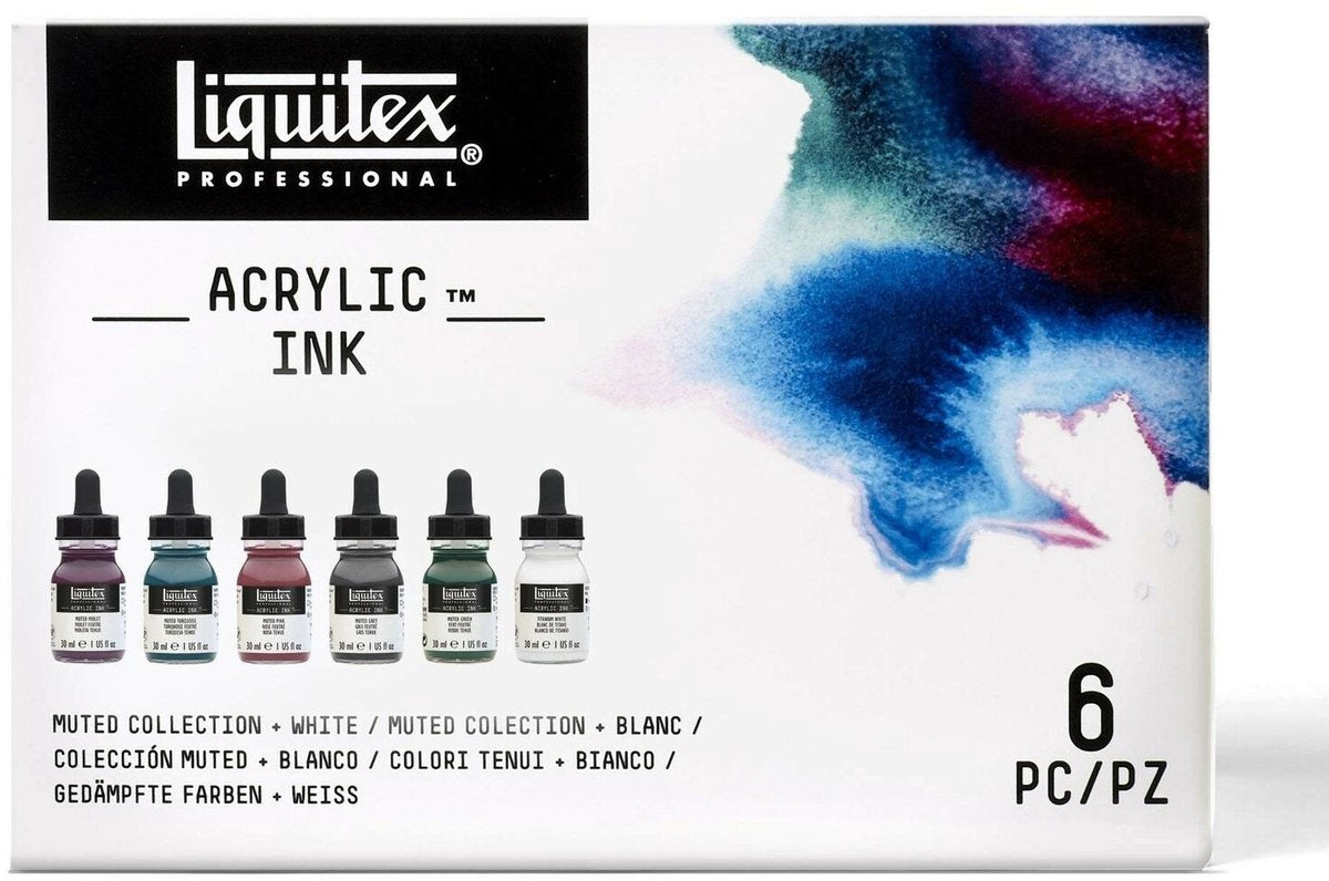 Liquitex 3699355 professionelles Acryltintenset – Muted Collection + Titanweiß 6×30ml – hochpigmentierte, wasserbeständige Acryltinte