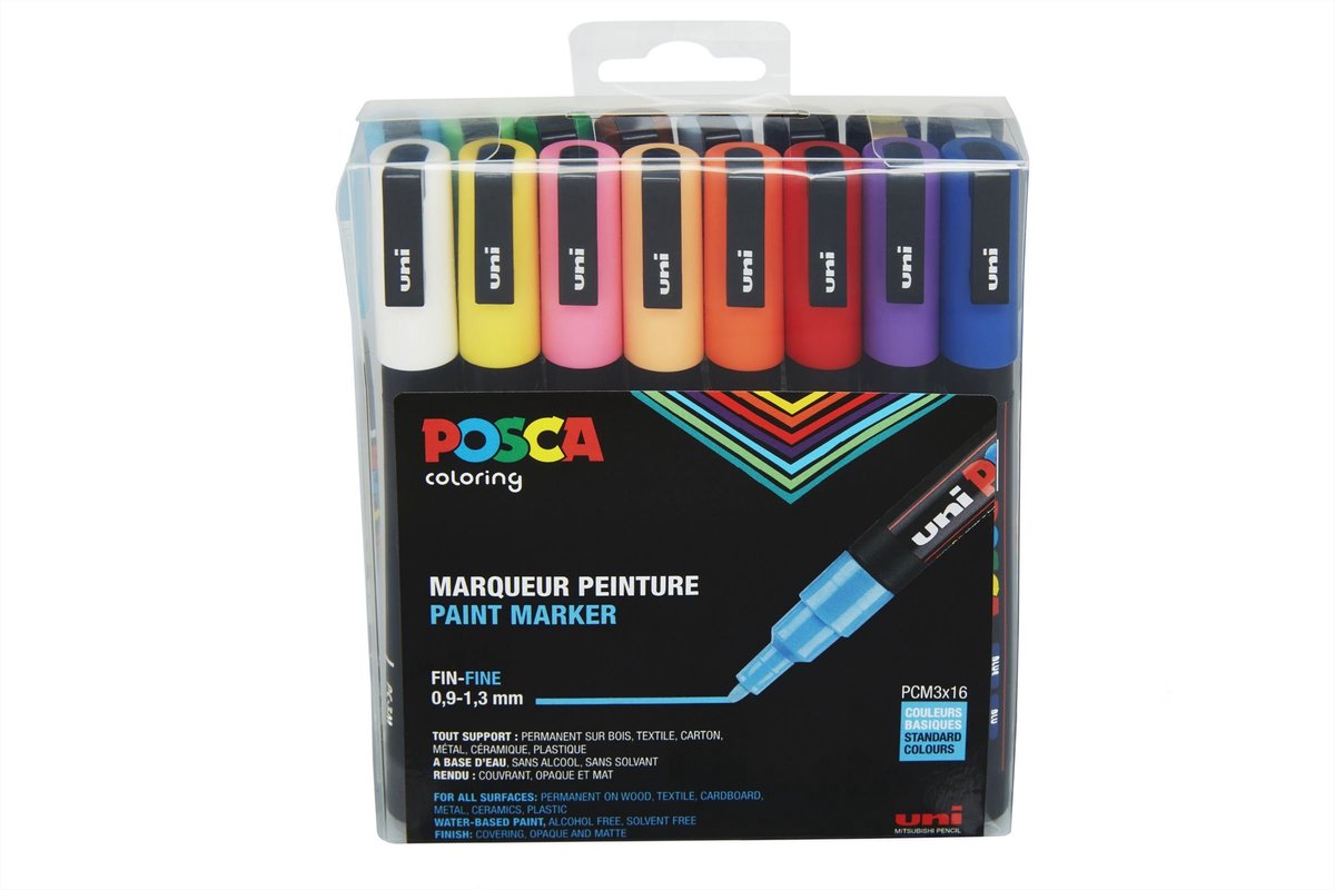 Posca Uni-Marker, Standardfarben – 16 Marker – PC3m, 0,9–1,3 mm Linie