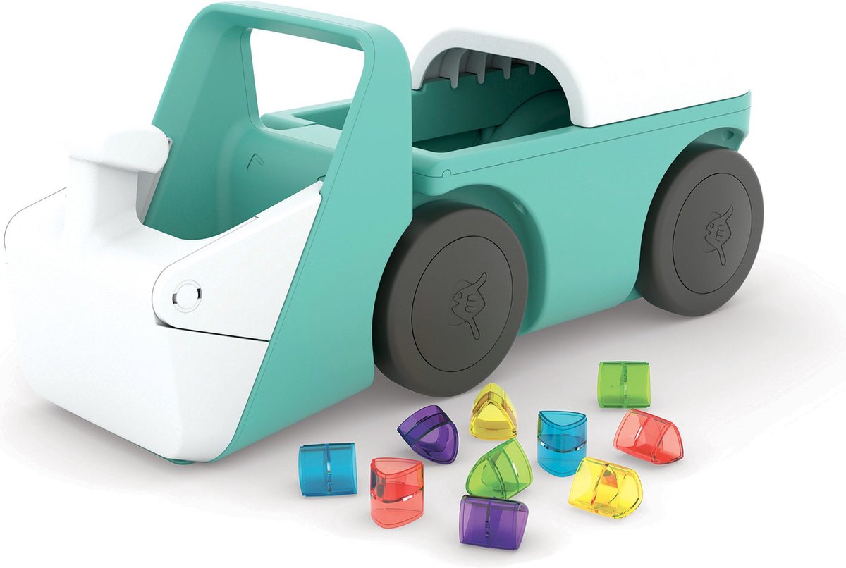 Chillafish Lauflernwagen 1 Jahr mit 10 Spielblöcken – blau grün – Lauflernwagen für Jungen und Mädchen bis 3 Jahre – leichtes Spielzeug mit Baggersimulation und Stauraum – sehr stabil mit 4 Rädern – Modellblockie