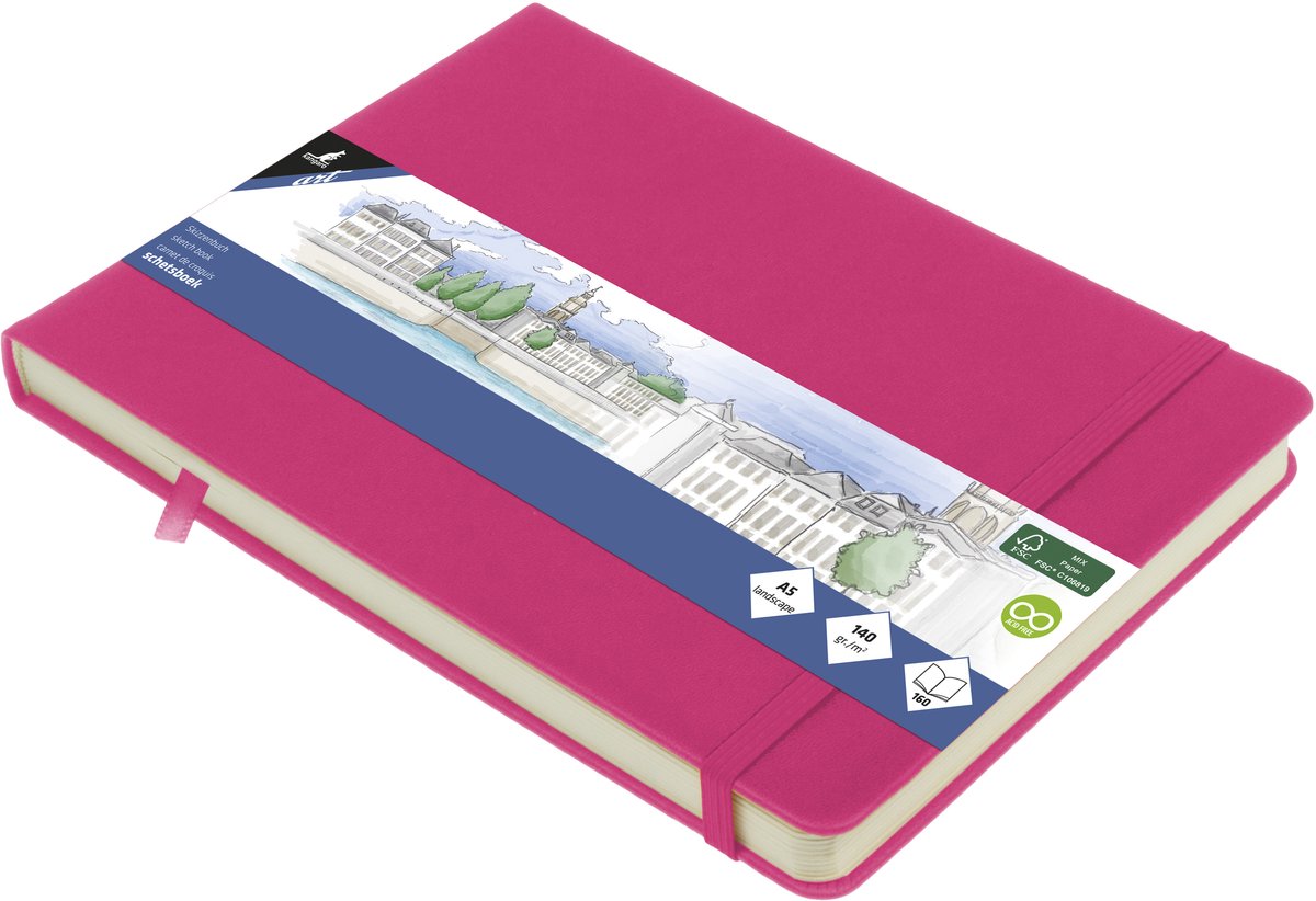 Kangaro schetsboek - a5 landscape - hot pink - met elastiek en lint - k-861310