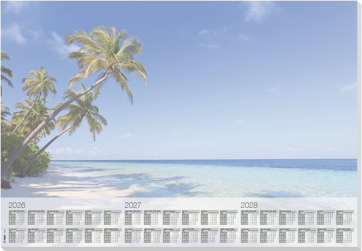 Sigel Schreibtischunterlage – Strand – mit Kalender 2026 2027 2028 – Größe A2 – 30 Blatt zerreißbar – si-h6470