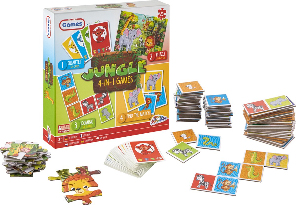 Grafix 4-in-1-Kartenspiele für Kinder | Dschungelthema | Puzzle | Denkspiel | geeignet für Kinder ab 5 Jahren