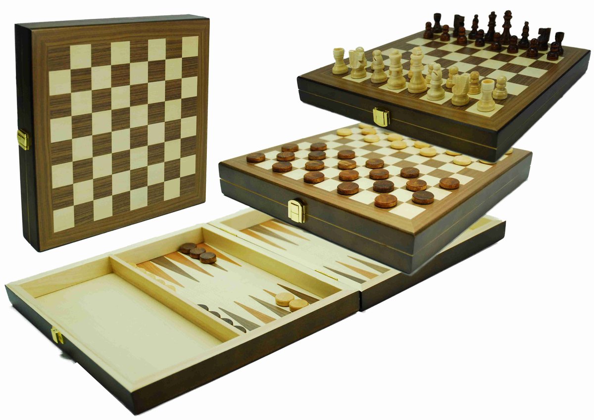 Hot games schaak-dam-backgammon klapcassette hout 29x29 cm