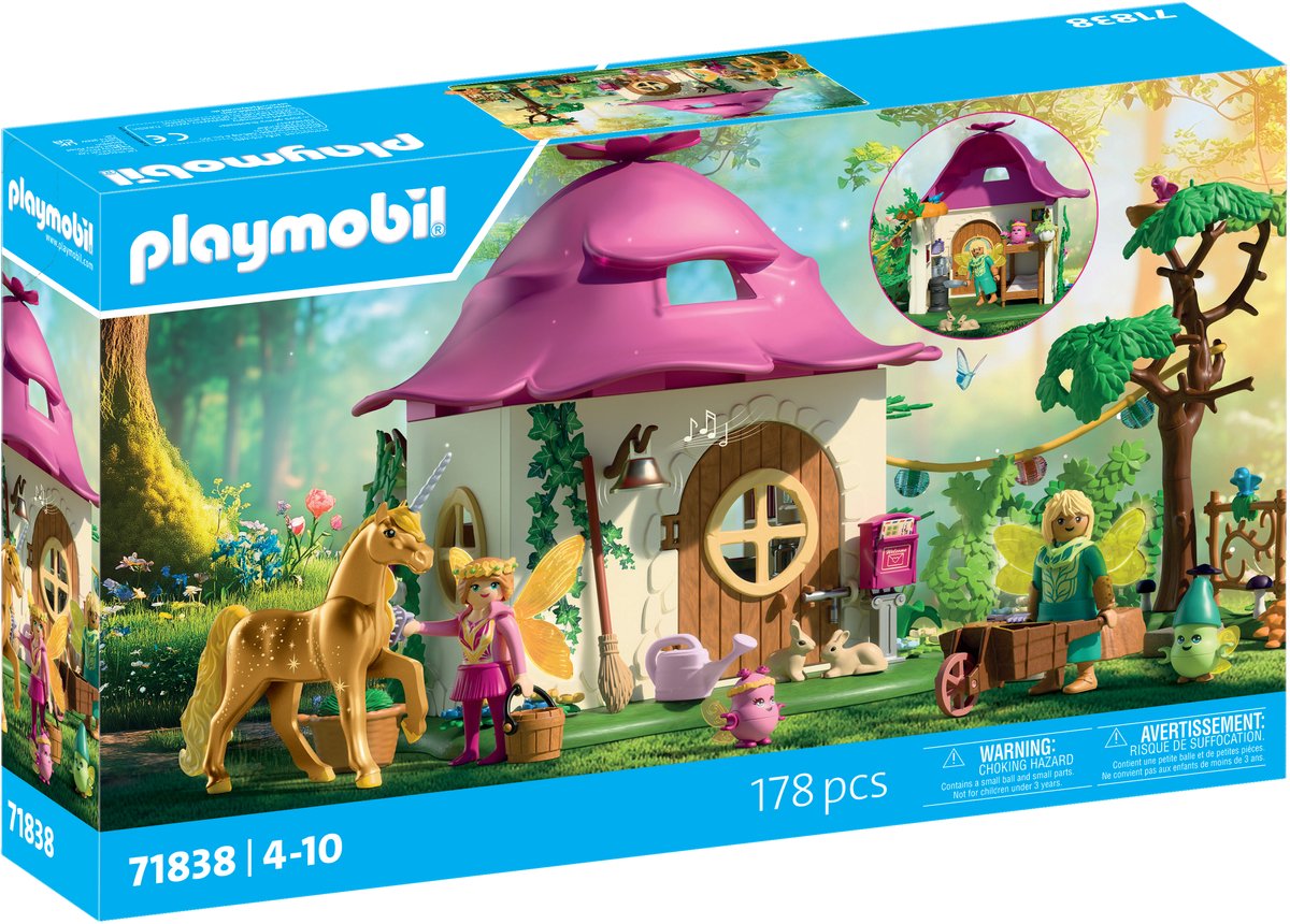 Playmobil Zauberhafte Einhörner – Feenhaus mit goldenem Einhorn und Stall – mit Leuchtgirlande für magische Nächte – 71838