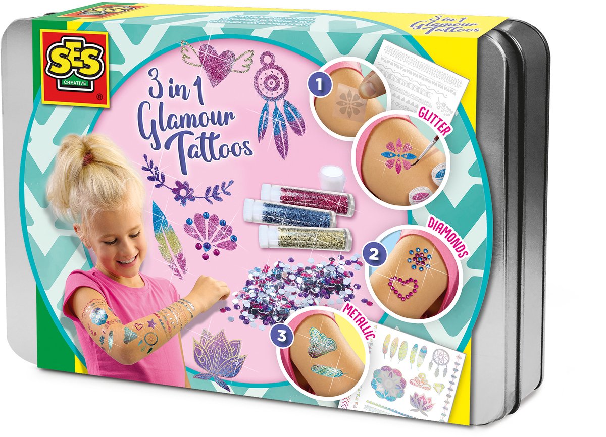 Ses creative – Hobby Pink – 3 in 1 Glamour-Tattoos – Basteln für Mädchen – biologisch abbaubar – ab 5 Jahren