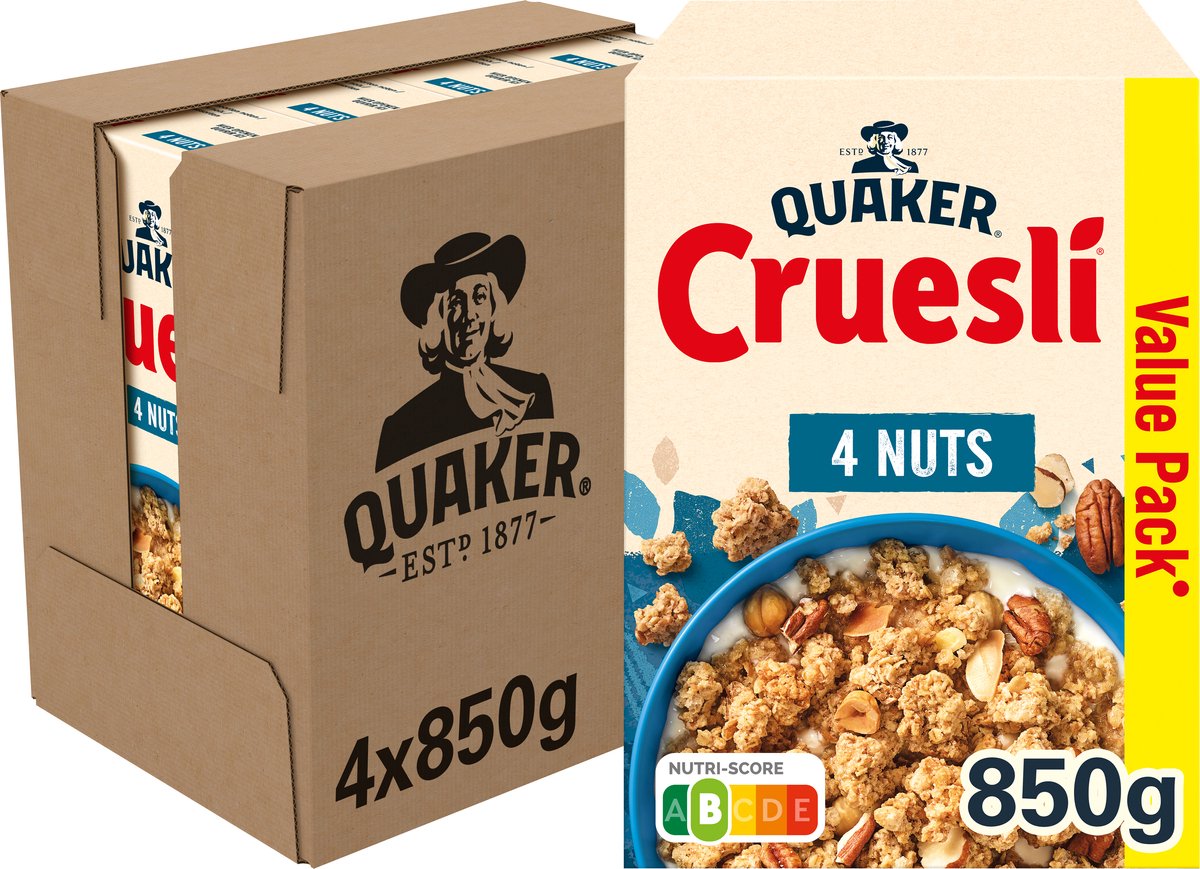 Quaker Cruesli 4 Nüsse – Frühstücksflocken – 4 x 850 Gramm