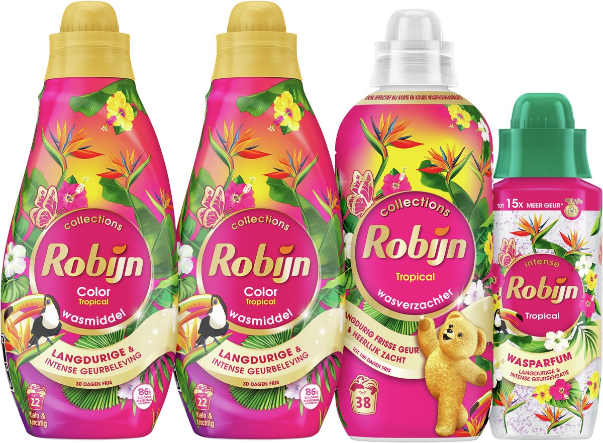 Robijn Perfect Match - Tropical - 4 Stück - 2x Waschmittel + 1 Weichspüler + 1 Waschparfüm - Vorteilspack