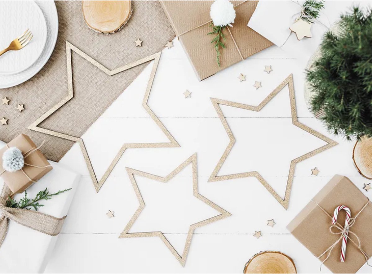 Partydeco Anhänger Sterne Holz Gold Glitzer - 3 Stück