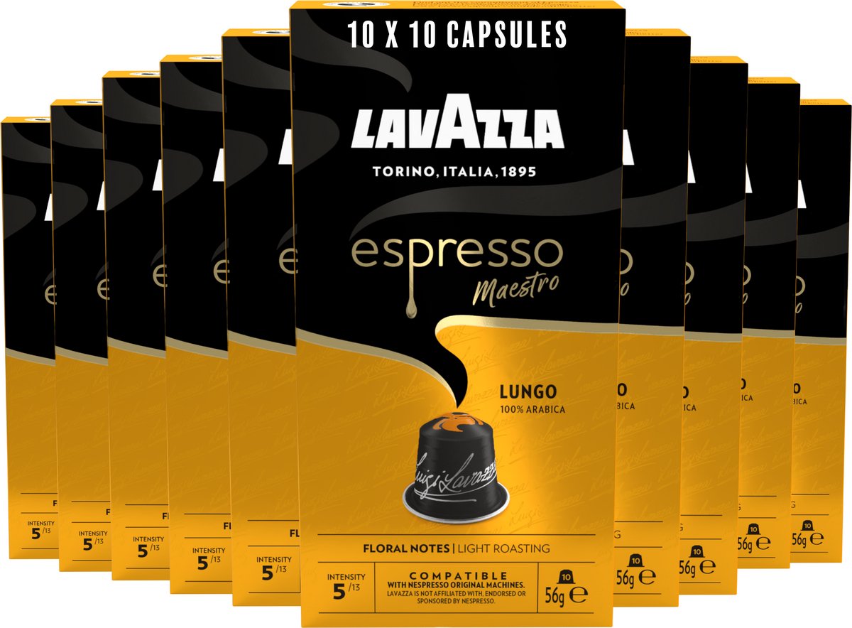 Lavazza Espresso Lungo Kaffeetassen – 100 Nespresso-Tassen – 100 % Arabica-Kaffee – Intensität: 5 13 – 10 x 10 Aluminiumkapseln