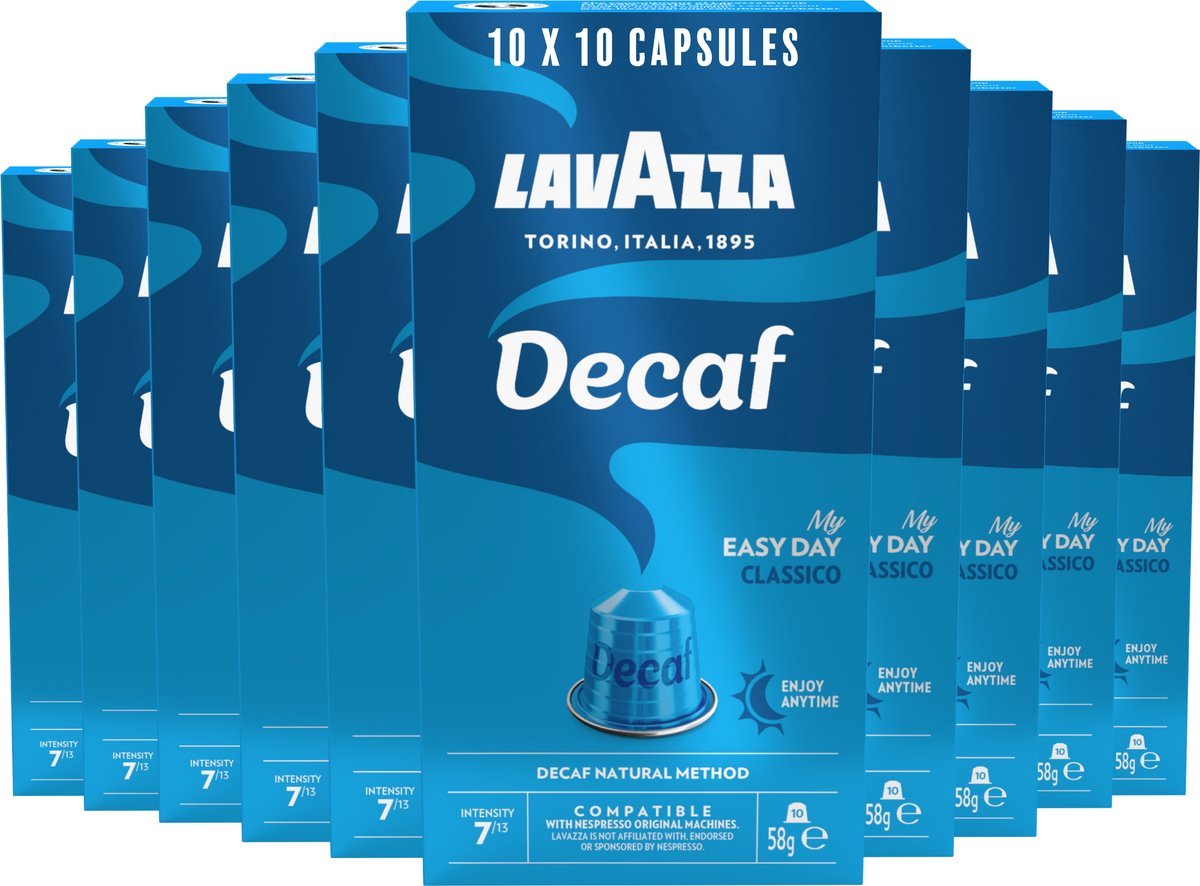 Lavazza Espresso Decaffeinato Kaffeetassen – 100 Nespresso Tassen – Kaffee entkoffeiniert – Arabica Robusta – Intensität: 7 13 – 10 x 10 Aluminiumkapseln