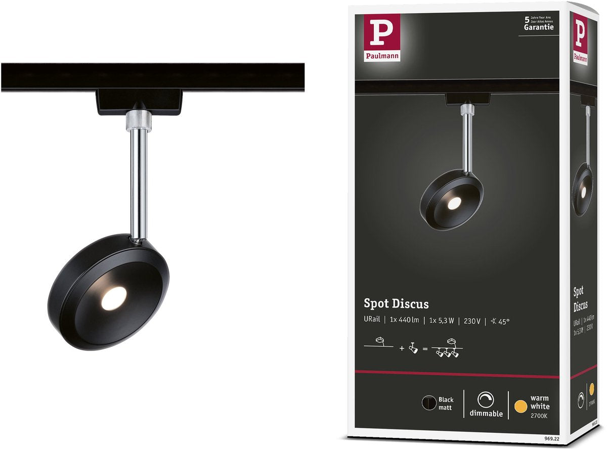 Paulmann Urail Rail Spot Discus separater Spot 375,6lm 5,3W 2700K dimmbar 230V Schwarz matt, Chrom