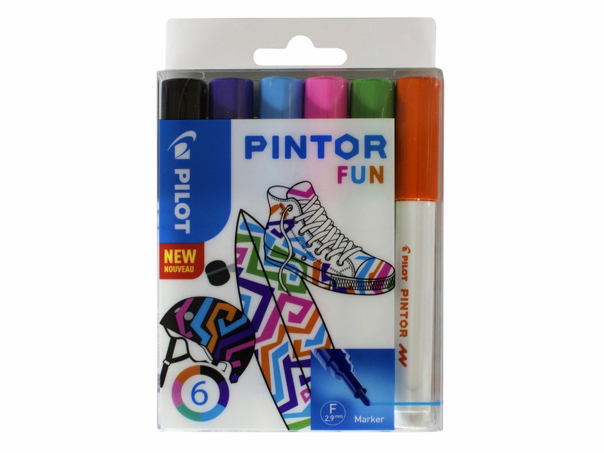 Pilot Pintor Fun Textmarker 6 Stück(e) Schwarz, Hellblau, Limette, Orange, Rosa, violette Kugelspitze