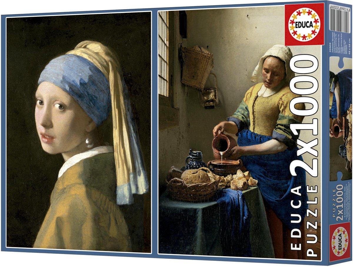 Educa Puzzle-Set Kunst – Vermeer-Mädchen mit Perlenmilchmädchen, 2 x 1000 Teile.