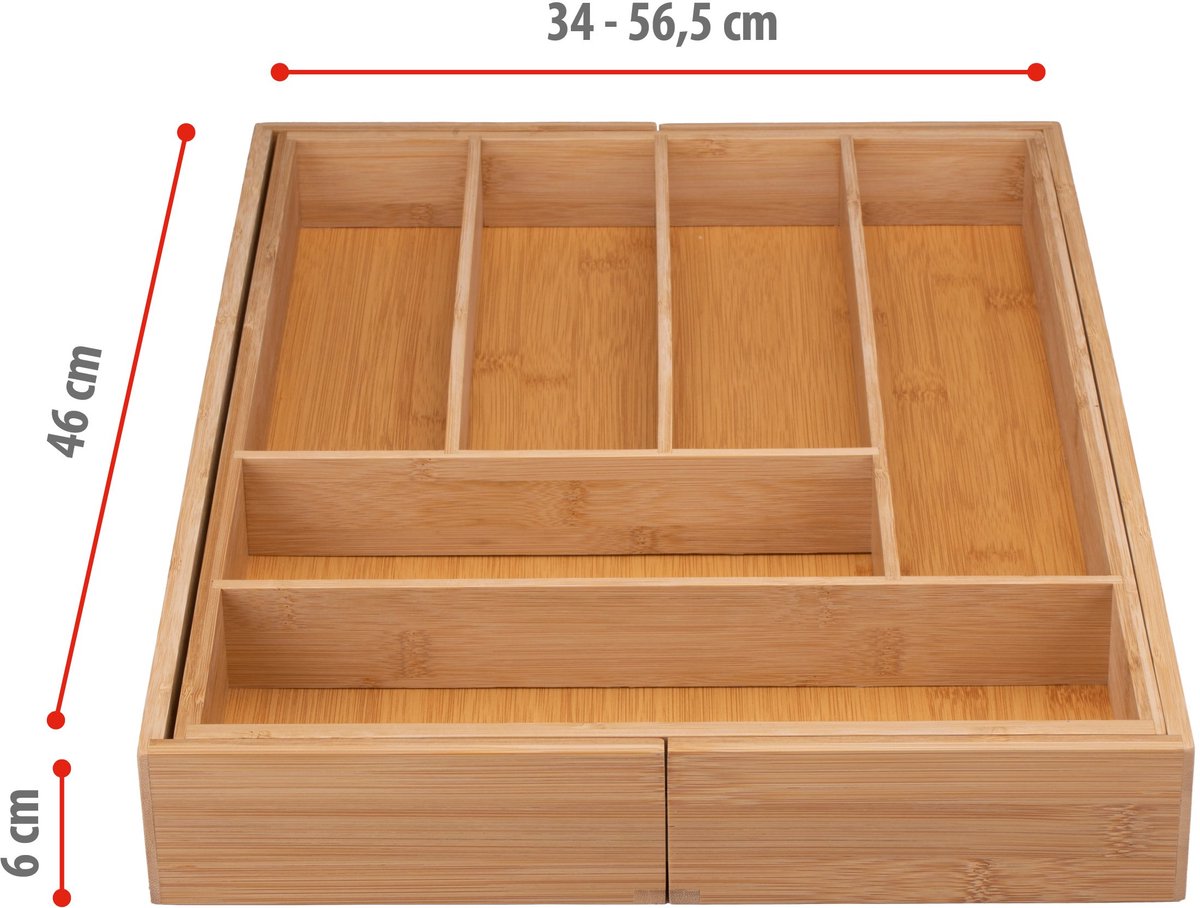 Alpina uitschuifbare bestekbak - besteklade met 6 tot 8 vakken - bamboe - past tussen 34 en 56,5 cm ladebreedte - 34-56.5 cm x 46 x 6 cm