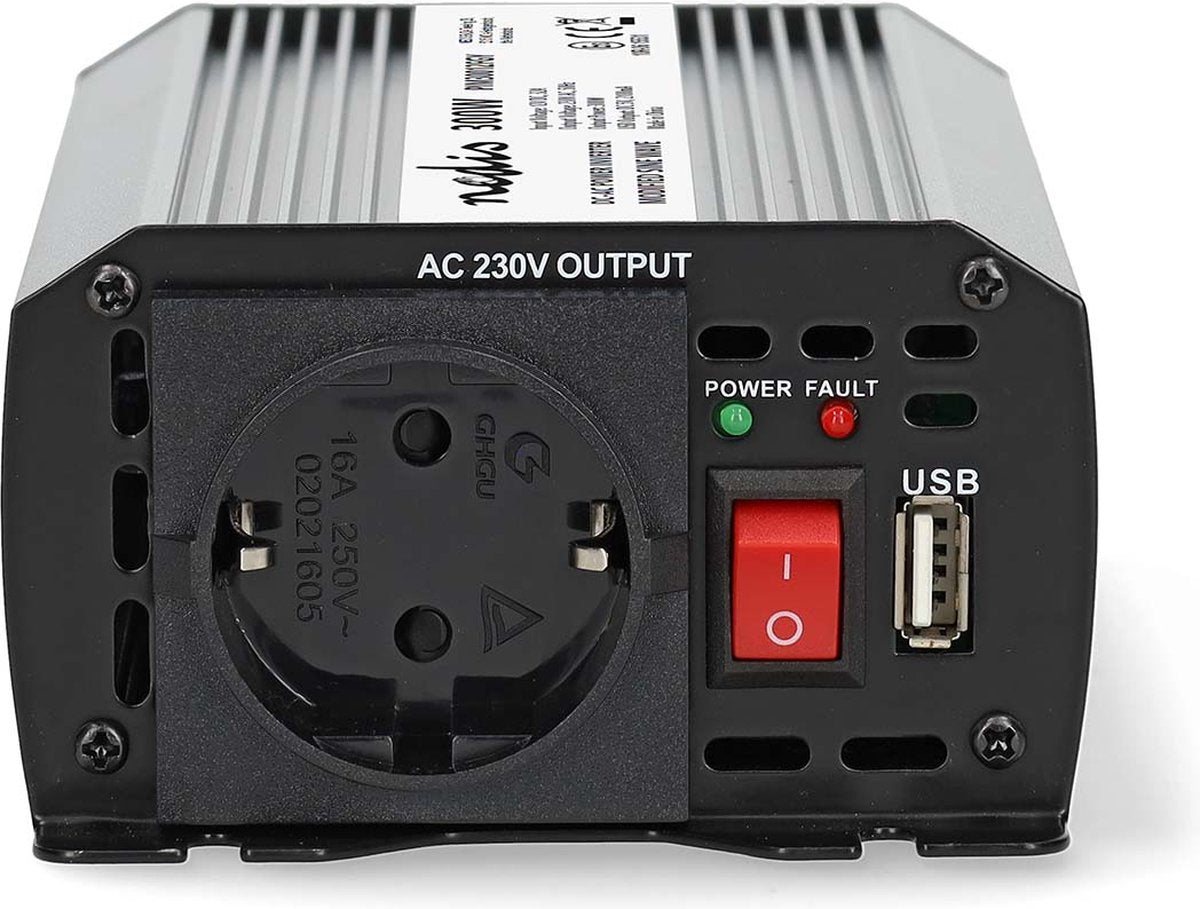 Nedis Auto-Wechselrichter 300 W – 12 V 230 V – Steckdose USB-Ladeanschluss – modifizierte Sinuswelle – Batterieklemmen, Zigarettenanzünder – Spannungswandler