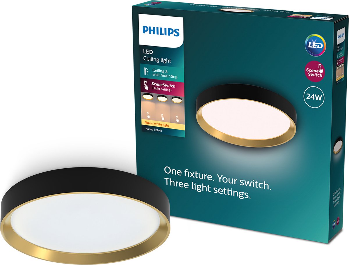 Philips led philips hanno plafondlamp - sceneswitch lichttechnologie - 24w - warmwit licht - zwart met goud design