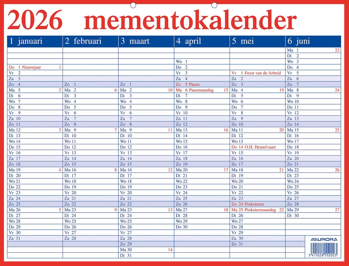 Aurora memento kalender 2025 be - nl 42x33cm