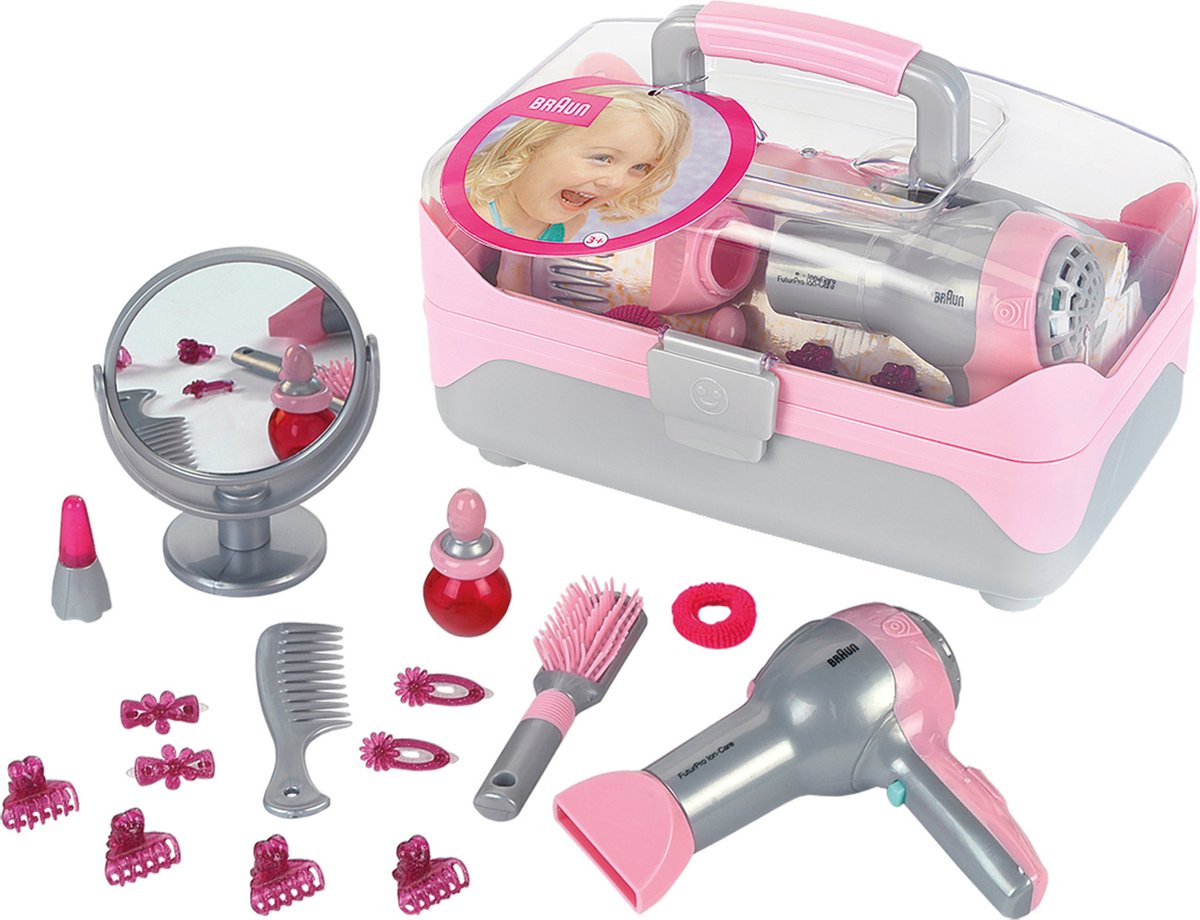 Klein Toys Braun Friseurkoffer mit Haartrockner – Haarschmuck, Spiegel, Lippenstift und Parfüm – inkl. Ventilator mit Kaltluftmechanismus – rosagrau