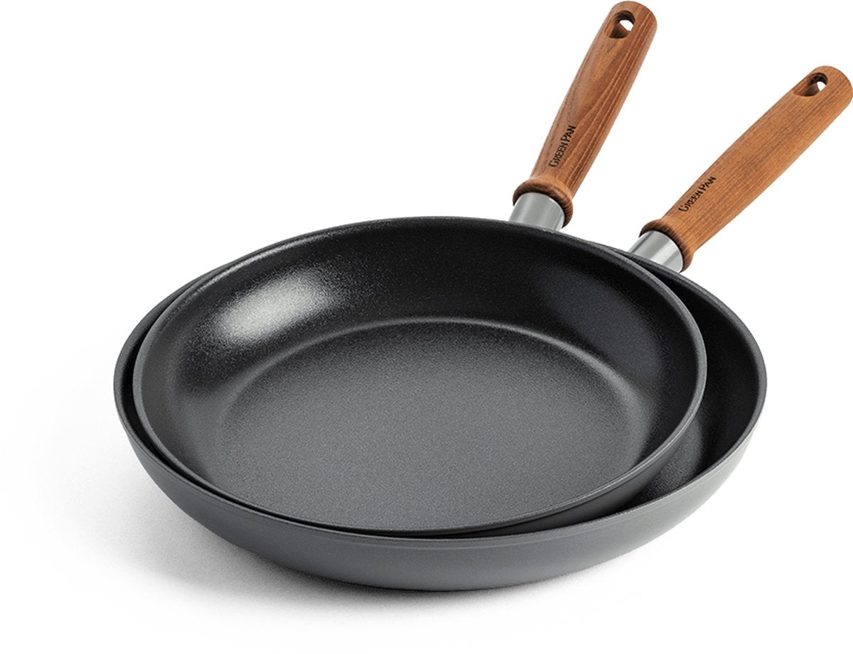 Greenpan Mayflower Pro Keramik 2-teiliges Pfannenset – 20 und 28 cm – Induktionspfannenset – Induktionsbratpfannenset – Bratpfanne 20 cm – Bratpfanne 28 cm – PFAS-frei – grau – Holzgriff