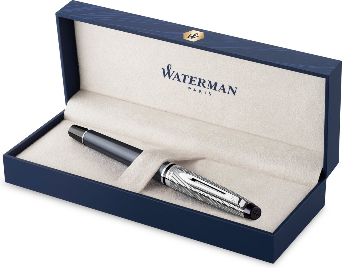 Waterman Expert Deluxe Füllfederhalter | Metallgraue Lackierung mit palladiumbeschichteten Details | feine Palladiumfeder mit blauer Tinte | Geschenkverpackung