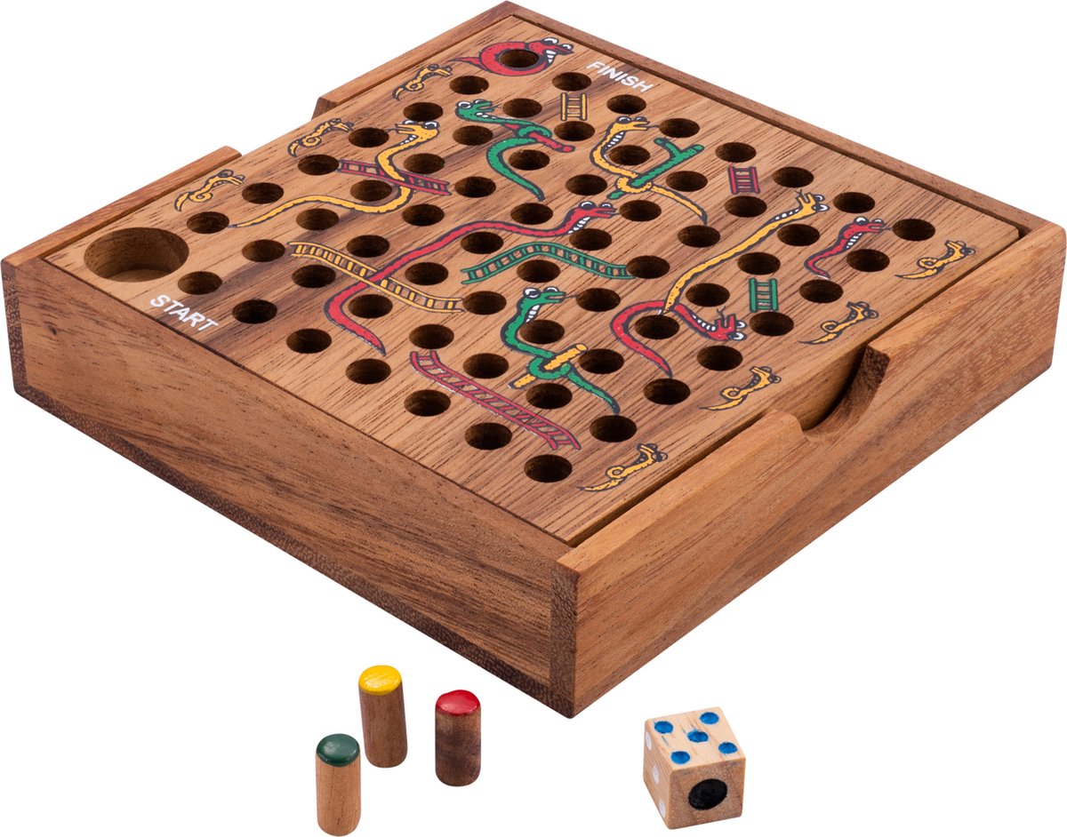 Longfield snakes ladders – houten bordspel – acaciahout – klassiek familiespel – engelhart