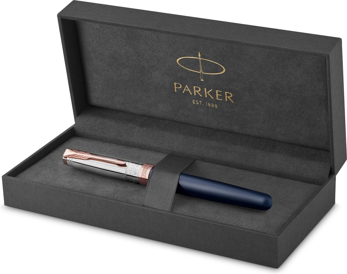 Parker Sonett Füllfederhalter | Intrepid Journeys Collection, Mt. Fuji Edition | blauer Lack und massives Silber mit Roségold-Finish | mittlere massive Goldfeder | Geschenkverpackung