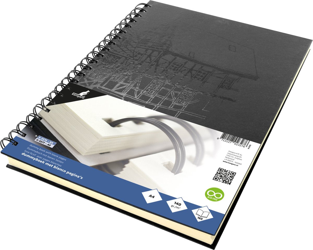 Kangaro dummyboek - a4 - zwart met design - met spiraal - 160 blanco pagina's - 140 grams - hard cover - notitieboek - k-5576