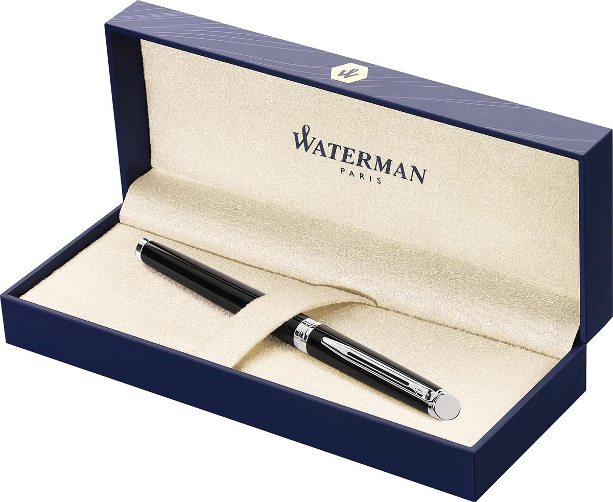 Waterman Hemisphère-Füllfederhalter | glänzendes Schwarz mit Chromrand | mittlere Feder | schwarze Tinte | Geschenkverpackung