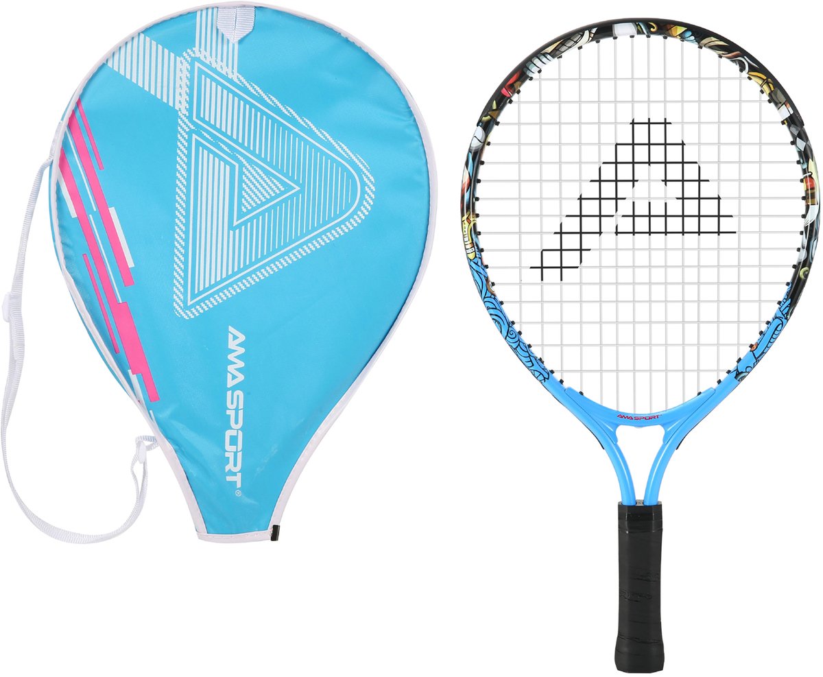Ama Sport Kinder Tennisschläger Graffiti Blau 19 Zoll – leichter Juniorschläger mit Tasche – ideal für Anfänger –
