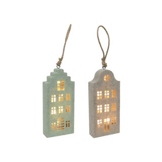Kanalhaus-Anhänger beige grüner Filz LED 20cm 2 sortiert