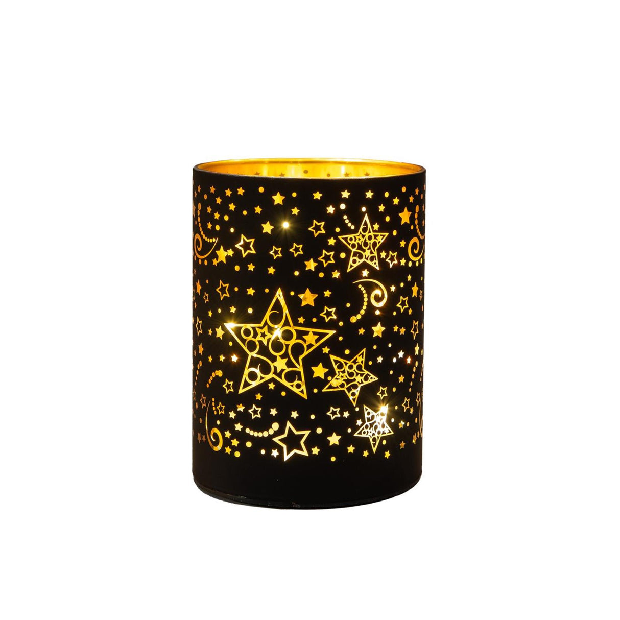 Anna's collection tafellamp led cylinder met sterren glas zwart ø 9x12cm werkt op 3xaa batterijen met timer