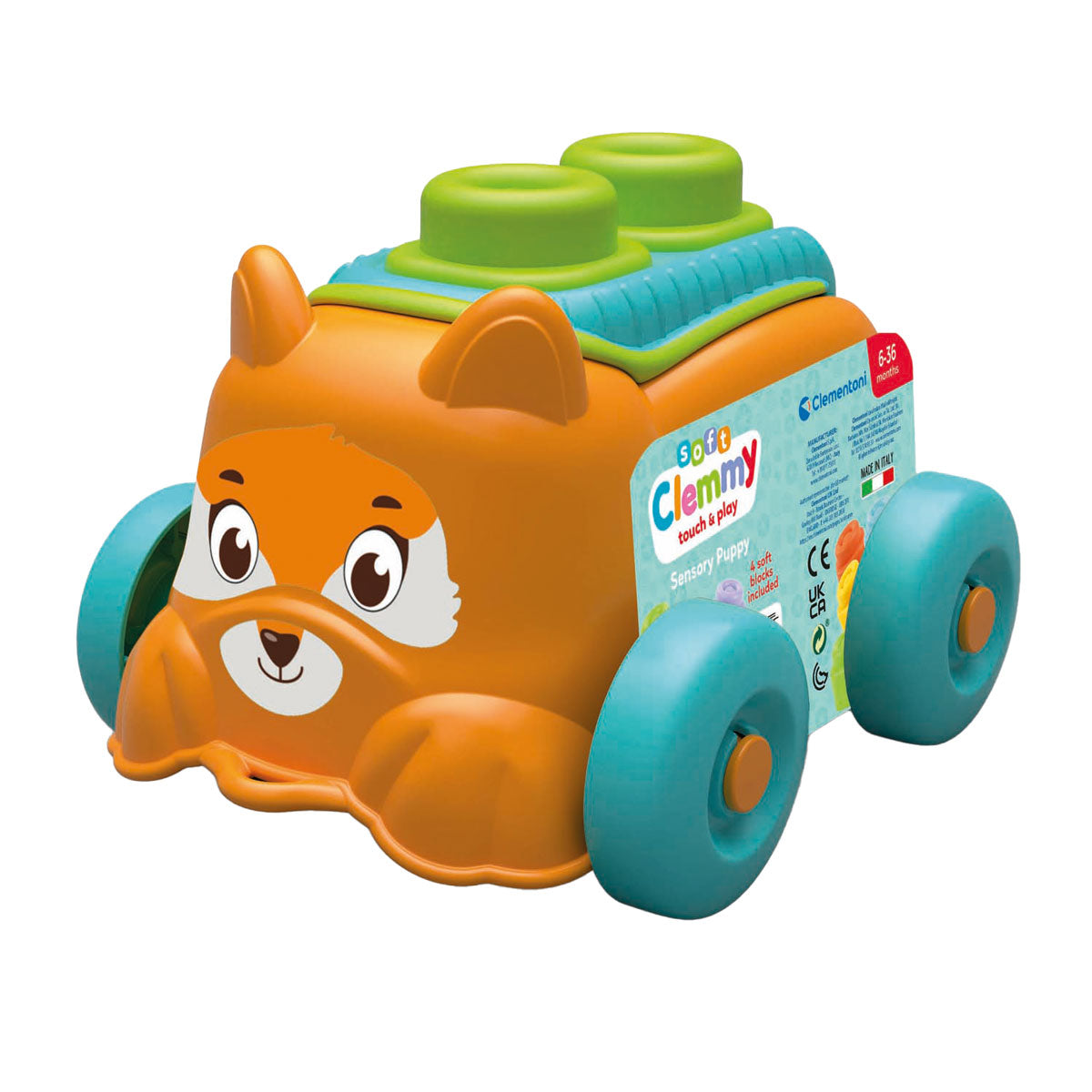 Clementoni Baby – Clemmy Sensory Puppy Orange mit weichen Blöcken, 5 Stk.