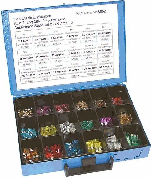 Dresselhaus-Sicherungssortiment Bananenstecker 8602. Sortierte Flachsicherungen. Mixer, Mini-Standard