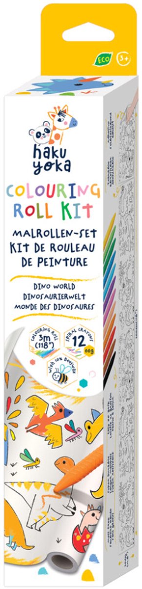 Haku Yoka: Malroller-Set Dino World 30x300cm, inklusive 12 Wachsmalstiften in Spiralform, abreißbar und selbstklebend, enthält 10 % Bienenwachs, in Box 6,5x6,5x35cm, 3+