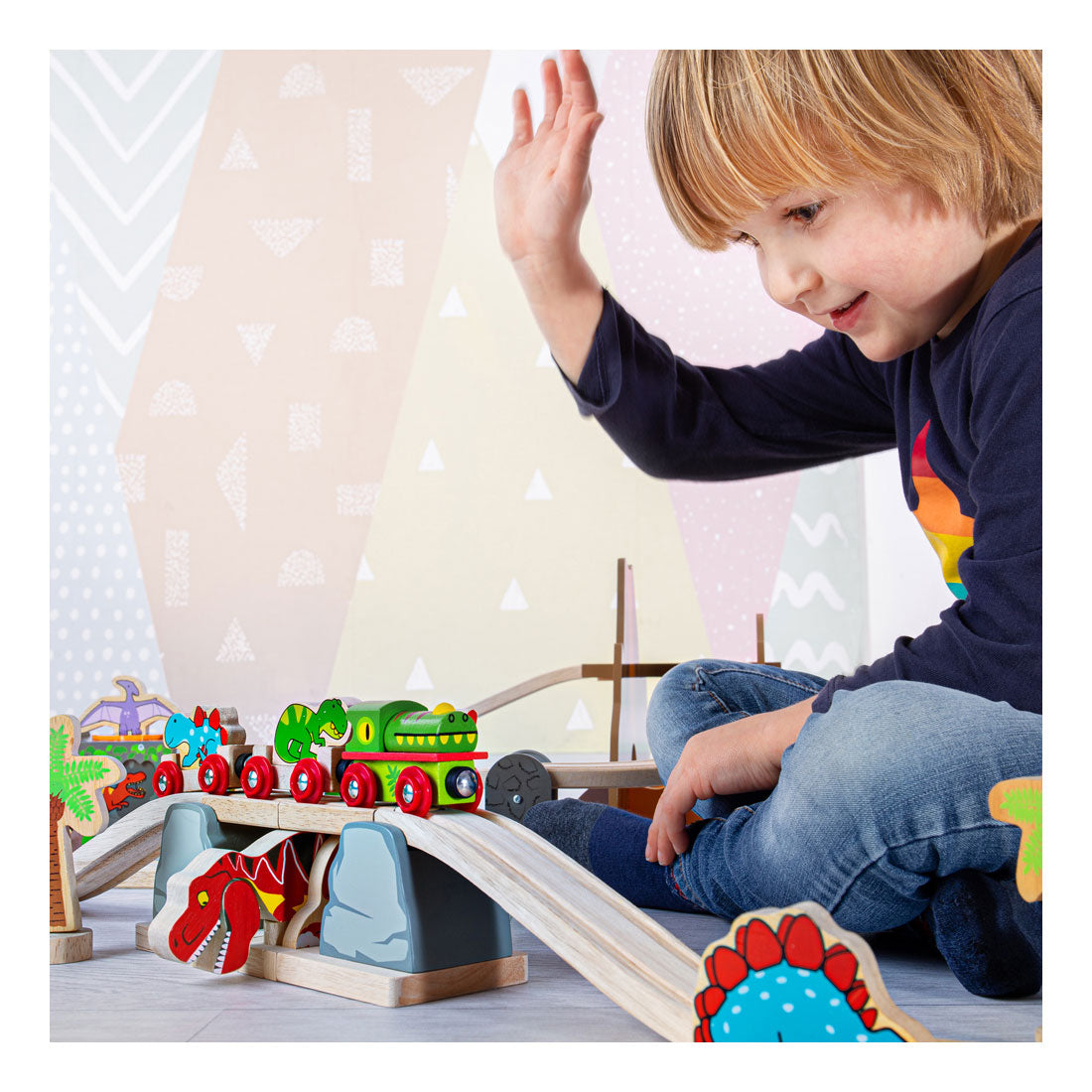 Bigjigs Rail T-Rex Zugbrücke Holzeisenbahngleis – Abenteuerspielset