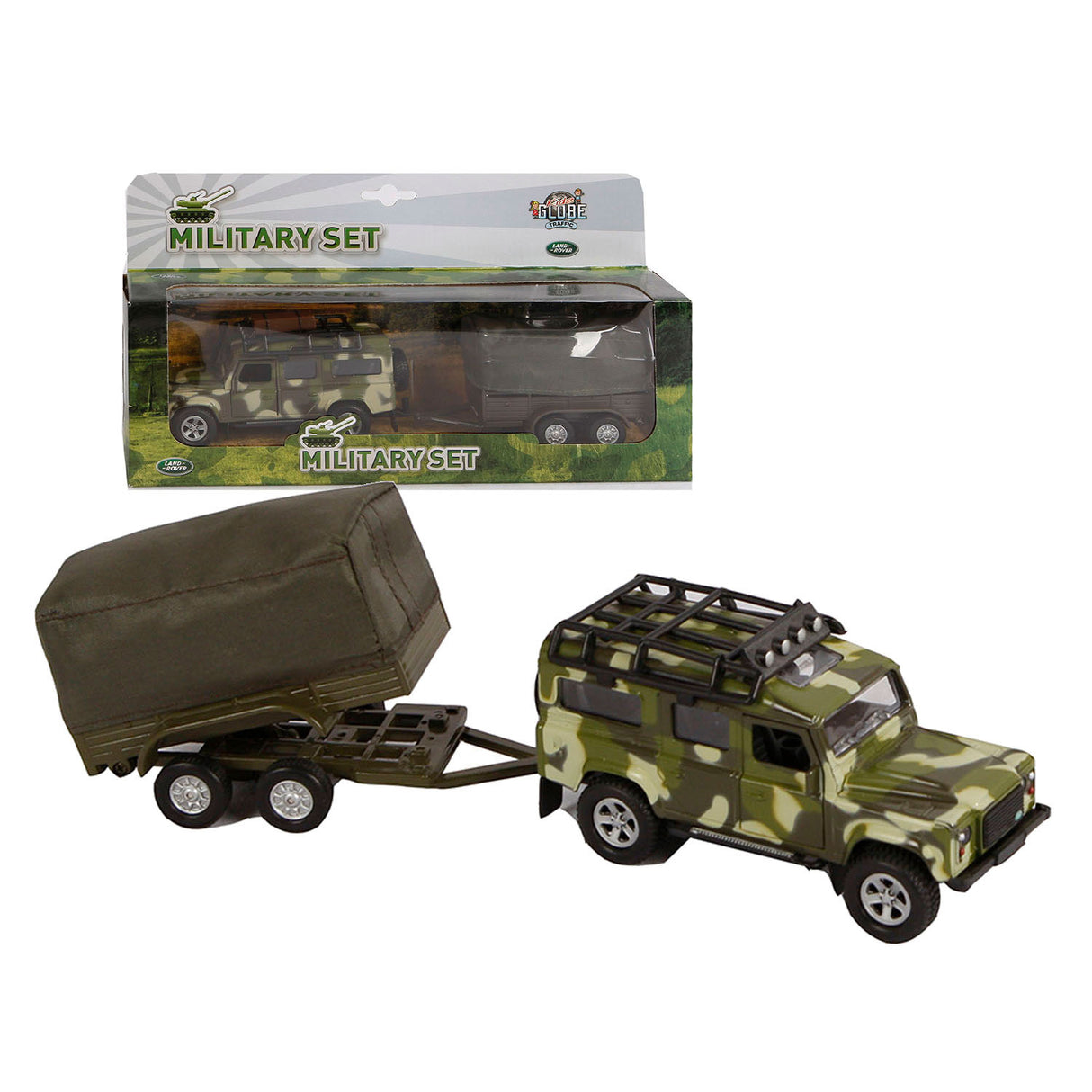 Kinderglobus Land Rover mit Anhänger, Militärdruckguss, 27 cm