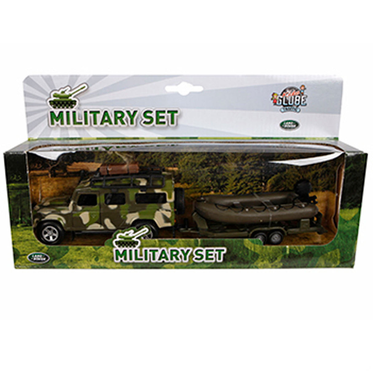 Kids Globe Globe Die Cast Land Rover mit Anhänger und Bootsarmee
