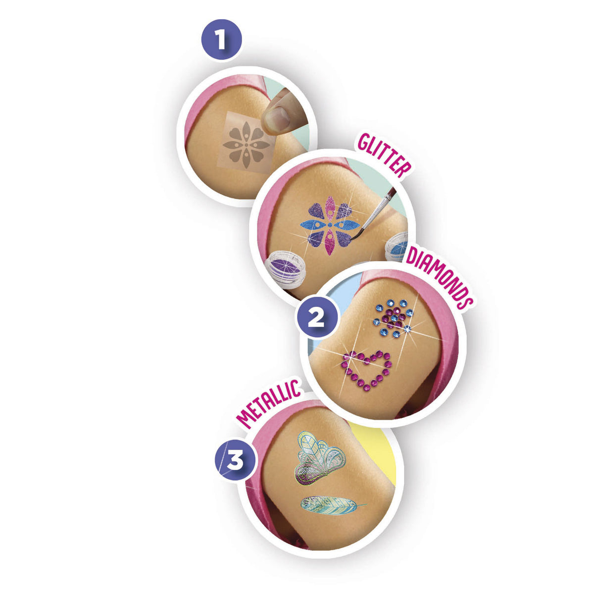 Ses creative – Hobby Pink – 3 in 1 Glamour-Tattoos – Basteln für Mädchen – biologisch abbaubar – ab 5 Jahren