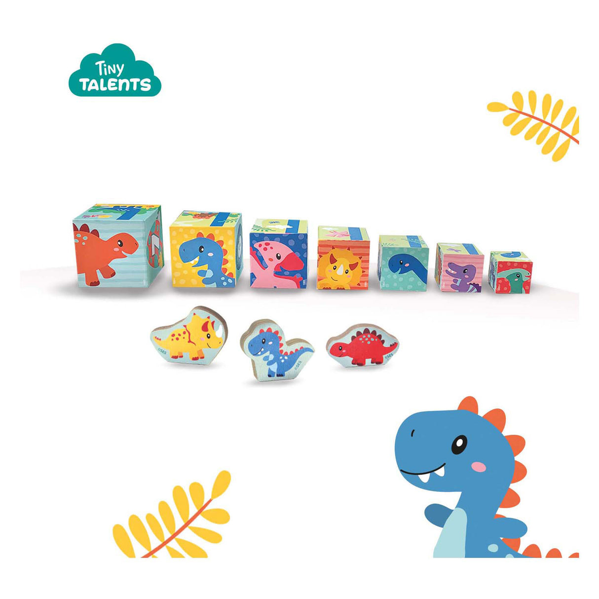 Sechs stapelbare Blocktürme mit Dino-Figuren