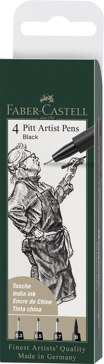 Faber-Castell Fineliner – Zeichenstift – Fineliner + Pinselstift – Pitt Artist Pen – 4 Stück – Schwarz – FC-167100