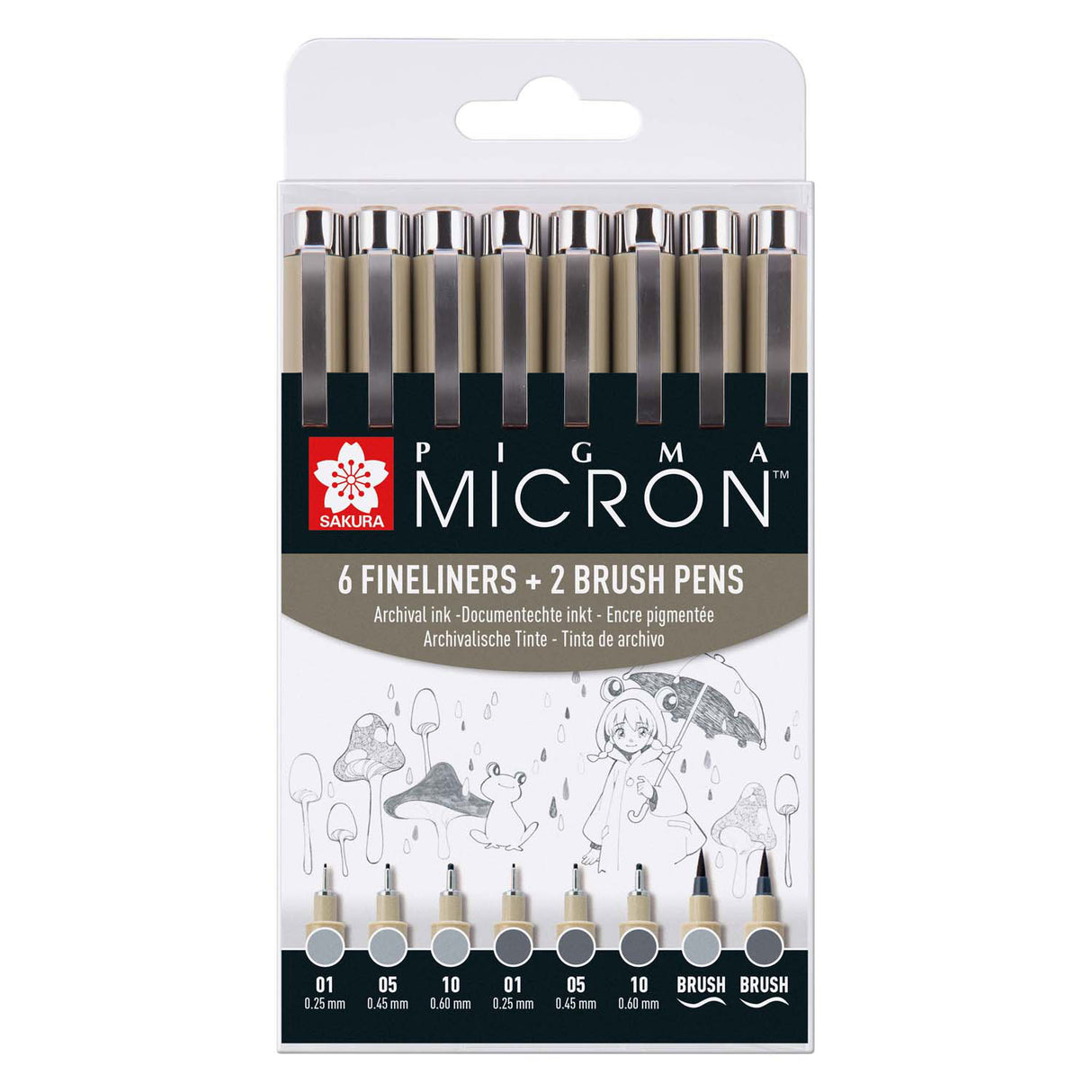 Sakura Pigma Micron Fineliner-Set mit 8 Stiften. (helles) kühles Grau