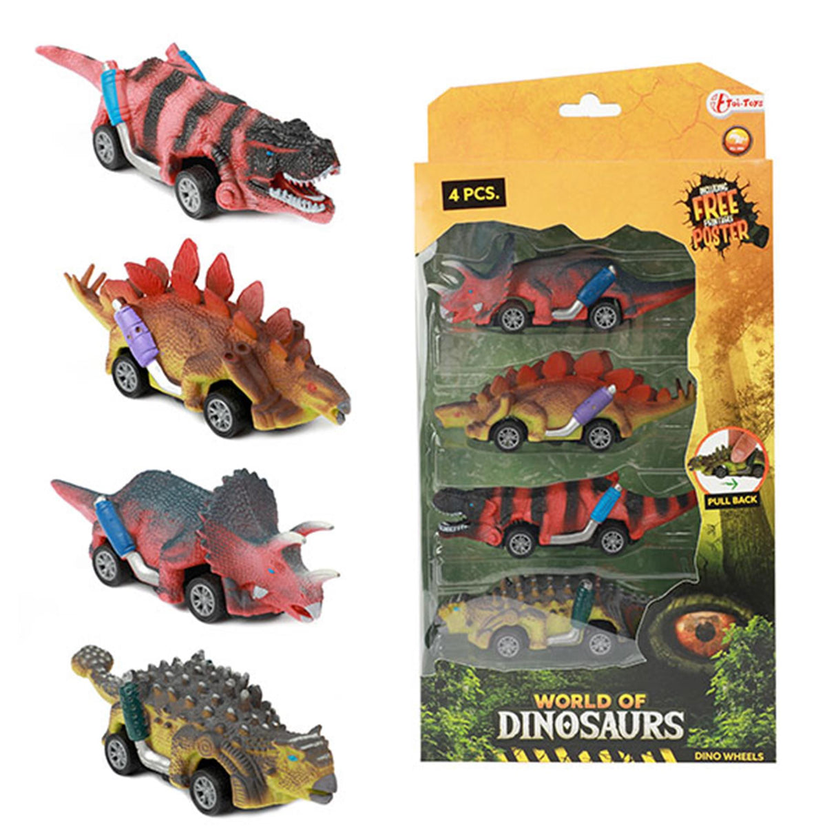 Toi-toys Welt der Dinosaurier Dino Rückzugsauto, 4-tlg.