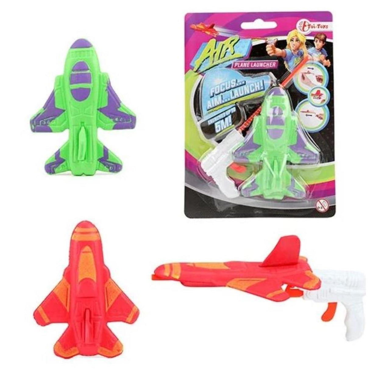 Toi-Toys spielen das Schießen eines Schaumstoffflugzeugs