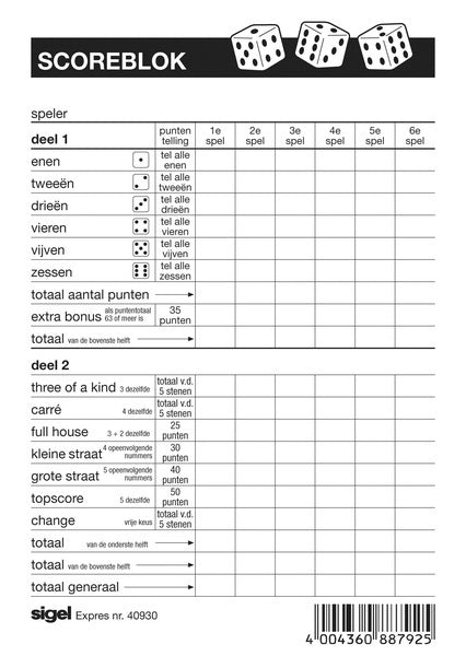 Express-Score-Blocksigel für Yahtzee