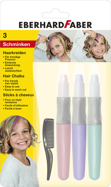 Eberhard Faber ef-579202 Haarkreide 3 Stück rosa, lila, türkis