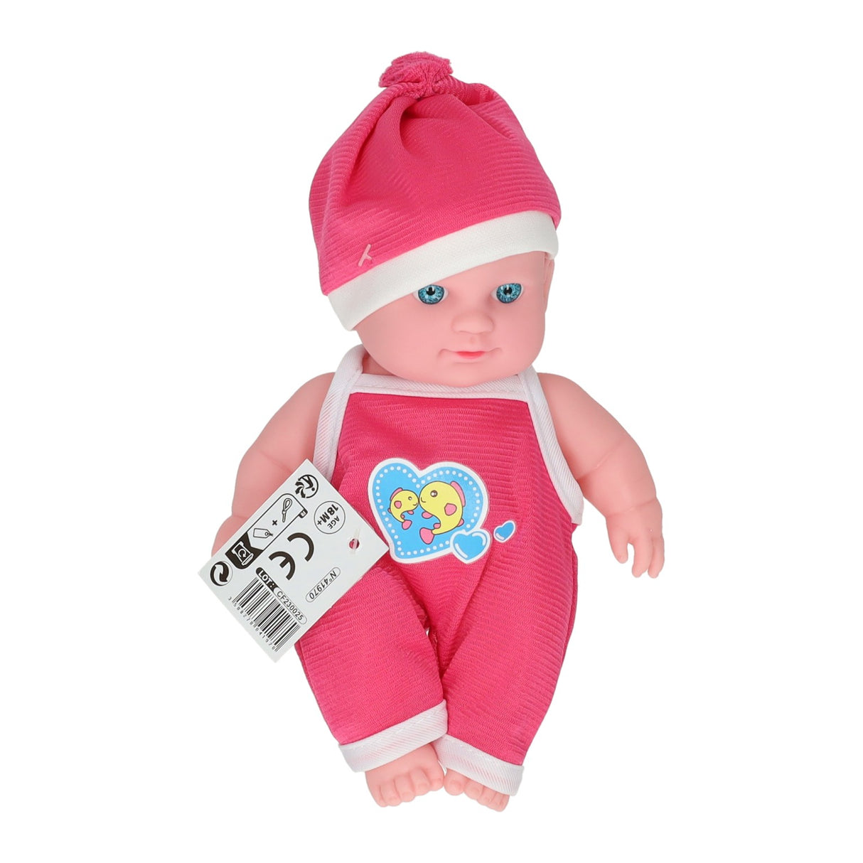 Babypuppe mit Herzstrampler und Mütze
